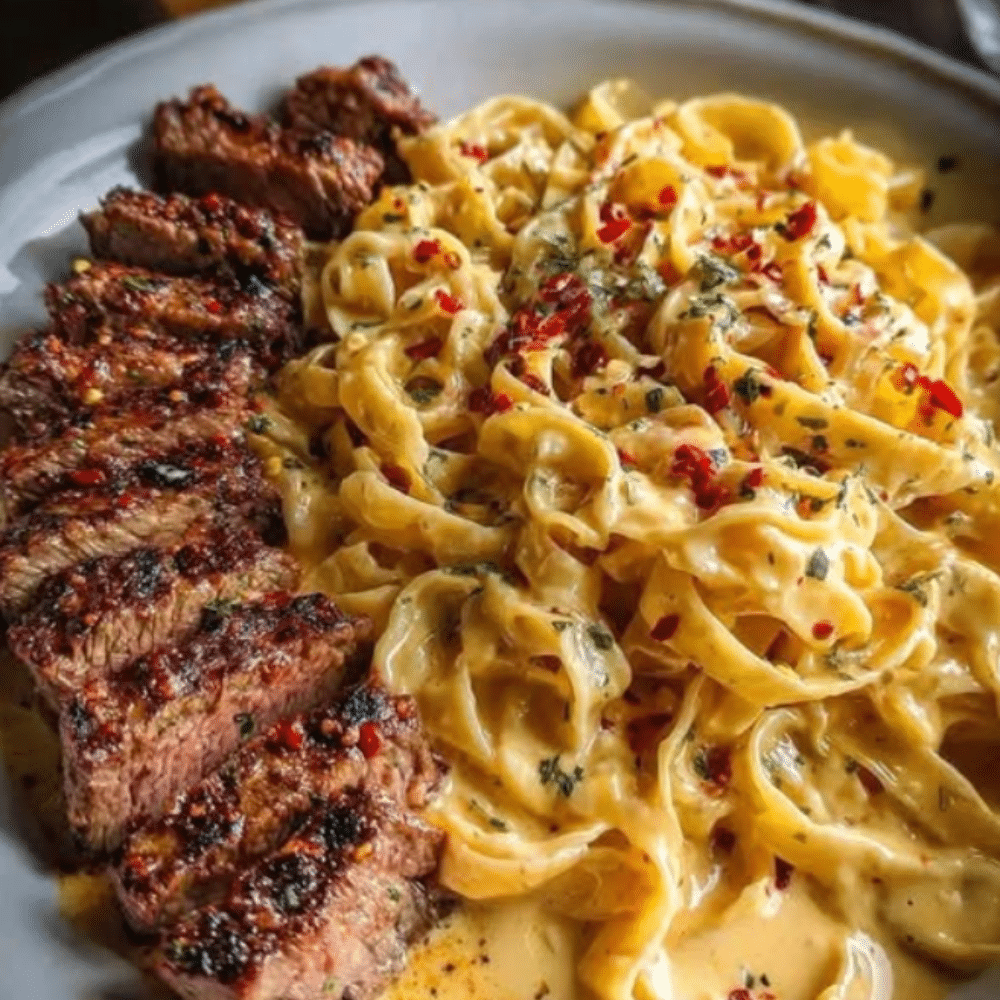 Spicy Cajun Steak with Creamy Fettuccine Alfredo