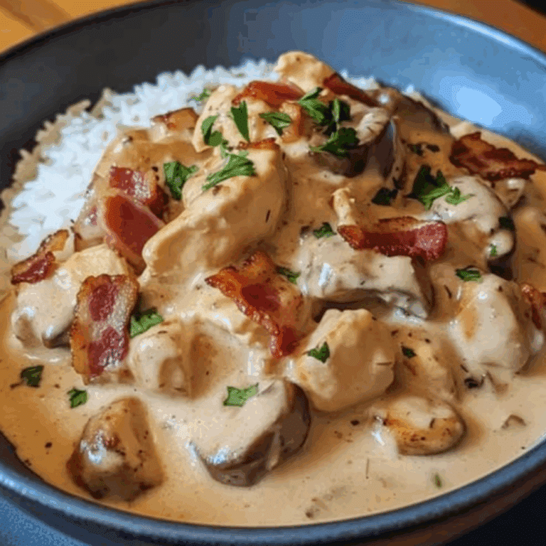 Creamy Chicken Stroganoff with Crispy Bacon over Rice