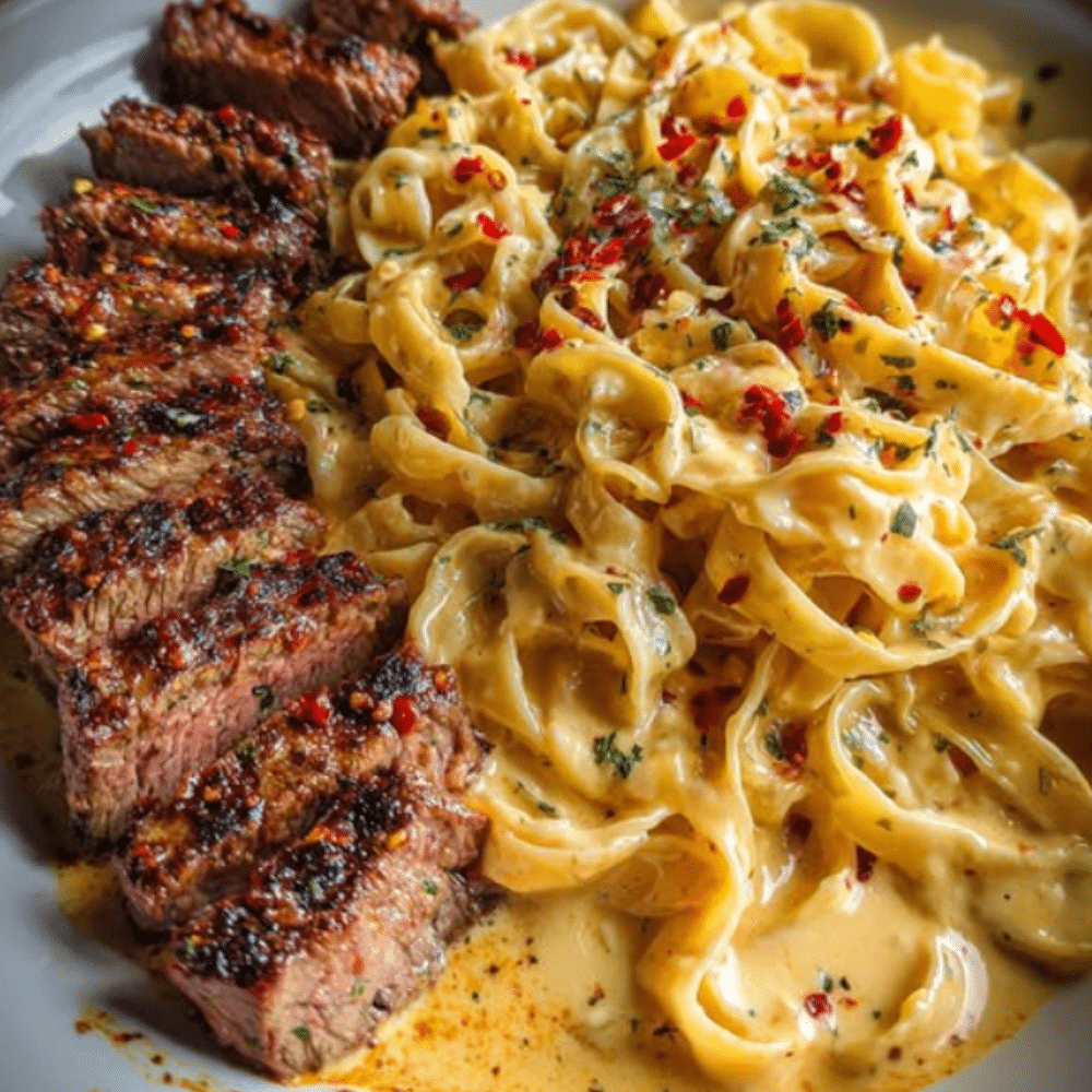 Spicy Cajun Steak with Creamy Fettuccine Alfredo