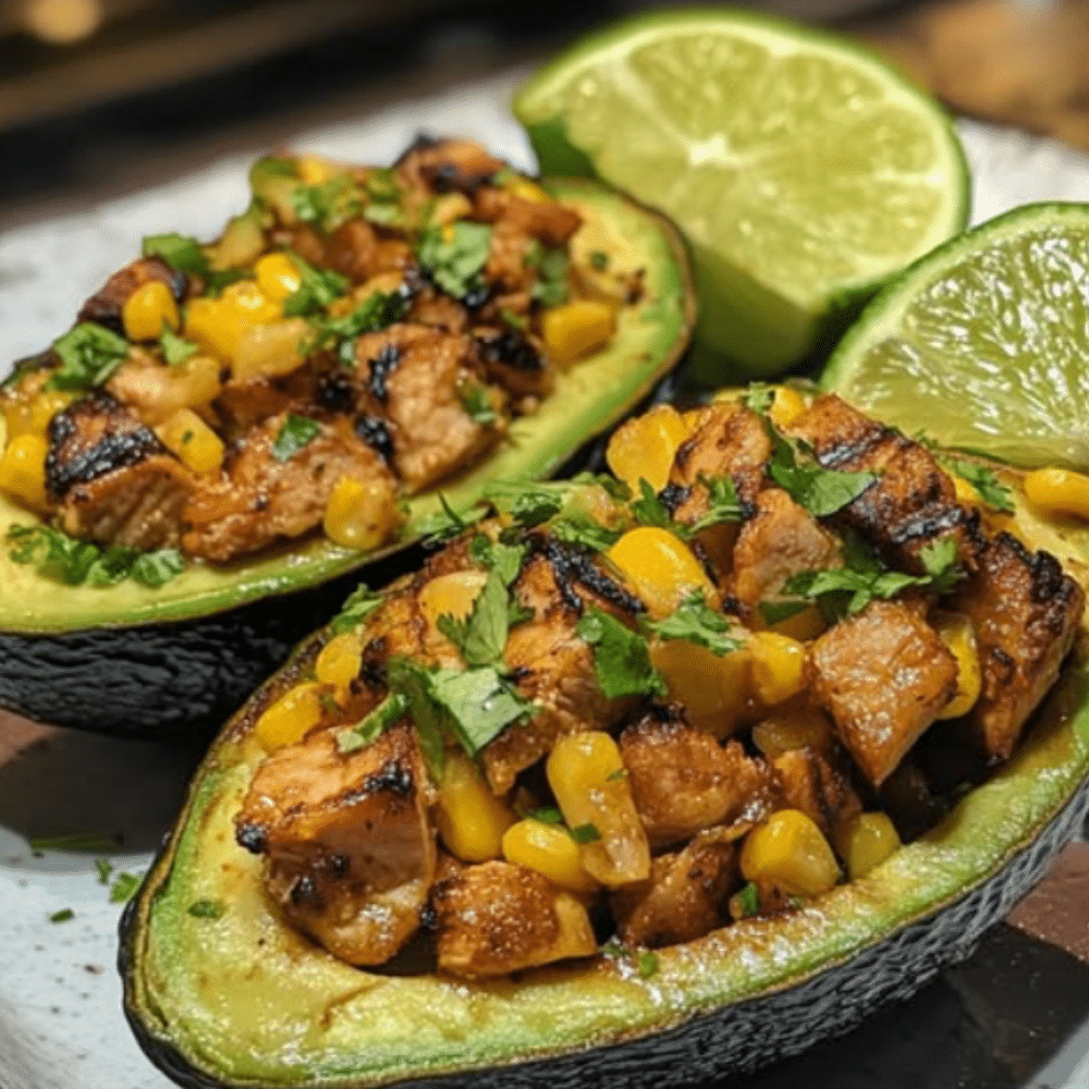 Honey Lime Chicken Stuffed Avocados with Corn Salsa