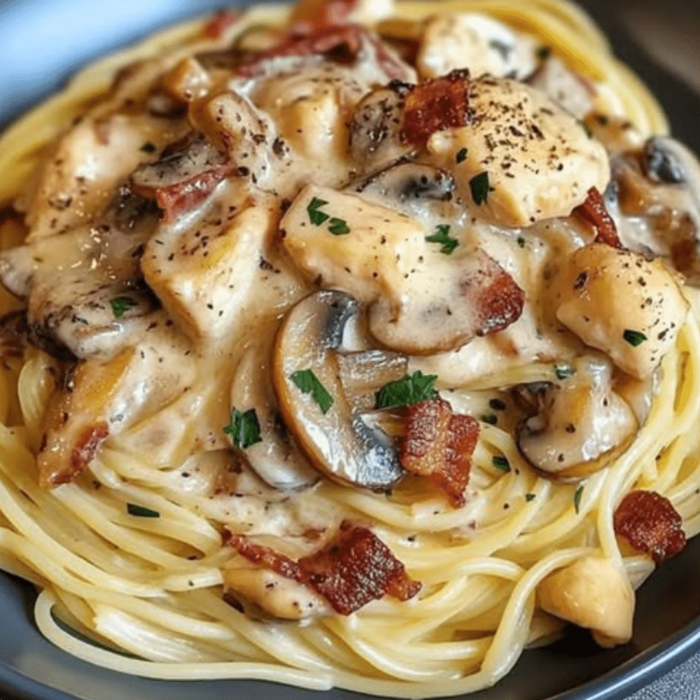 Creamy Bacon and Mushroom Chicken Spaghetti