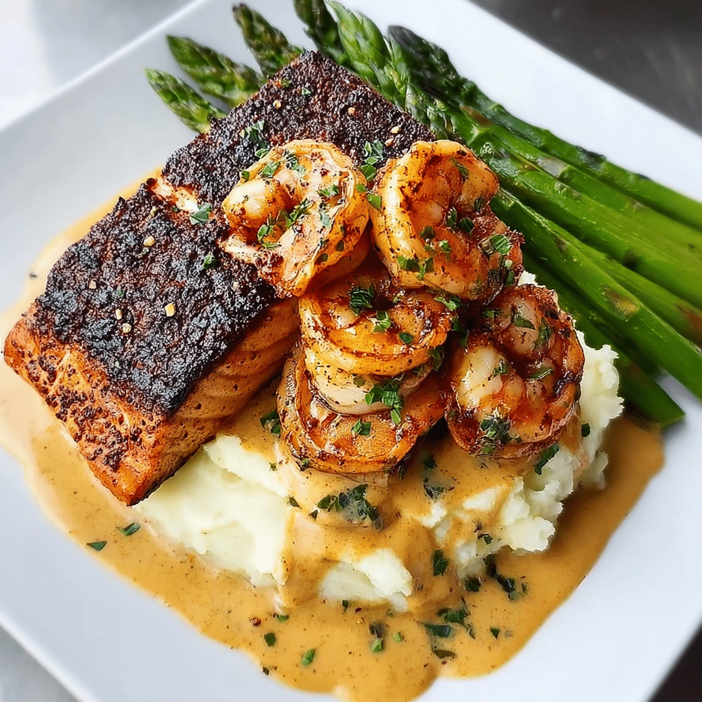 Blackened Salmon with Shrimp Cream Sauce Recipe - Recipe Image