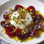 Burrata with Roasted Plums, Pistachios & Thyme Recipe