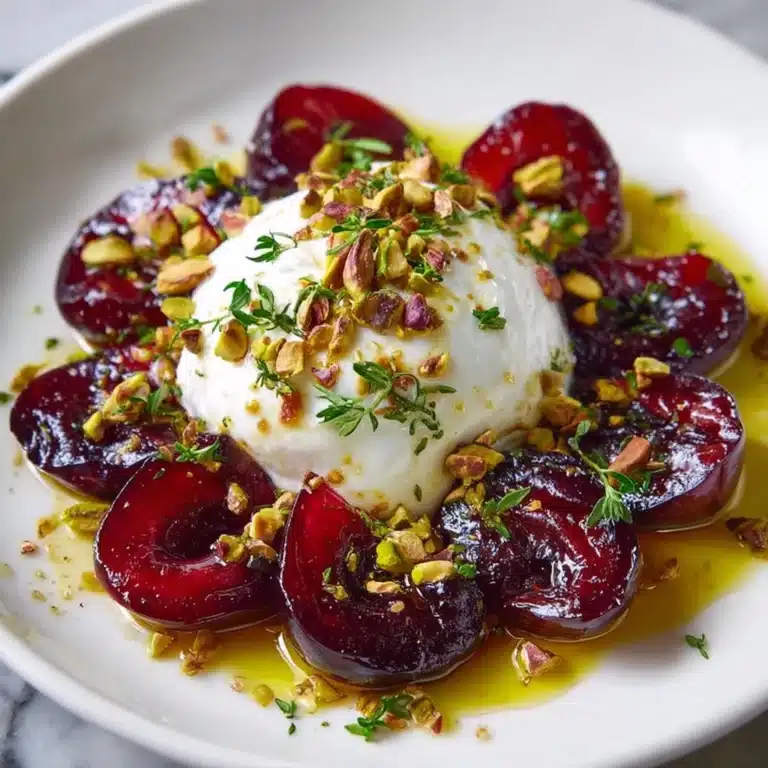 Burrata with Roasted Plums, Pistachios & Thyme Recipe