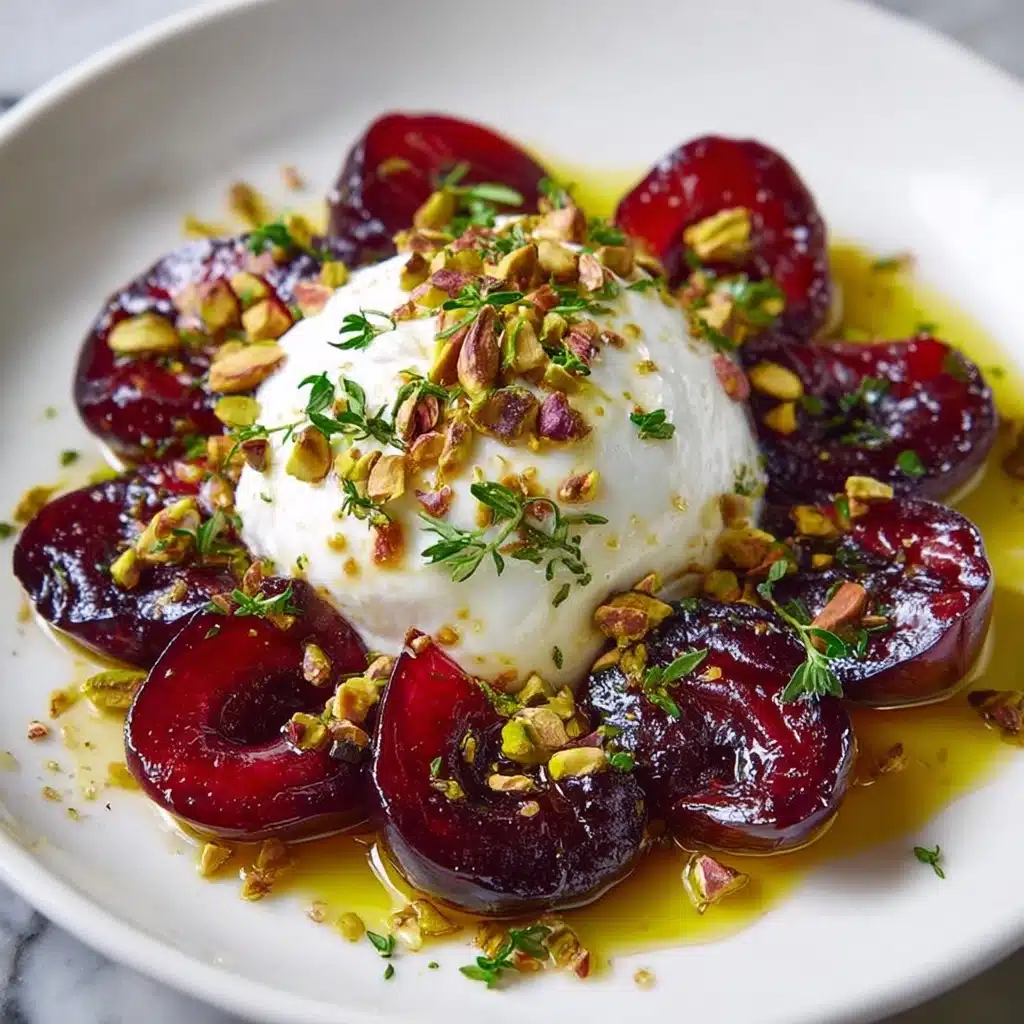Burrata with Roasted Plums, Pistachios & Thyme Recipe