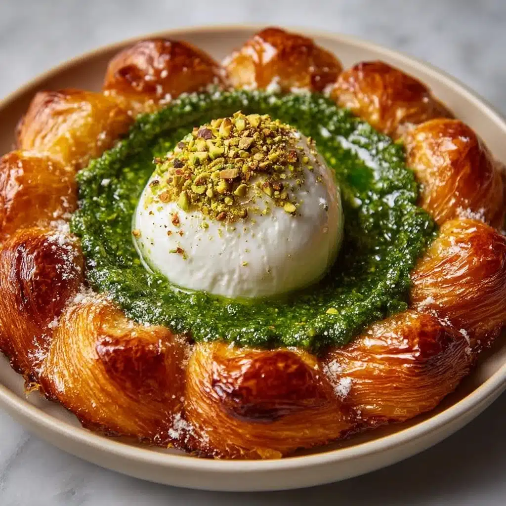 Burrata in Pistachio-Basil Pesto with Puff Pastry Twists Recipe - Recipe Image