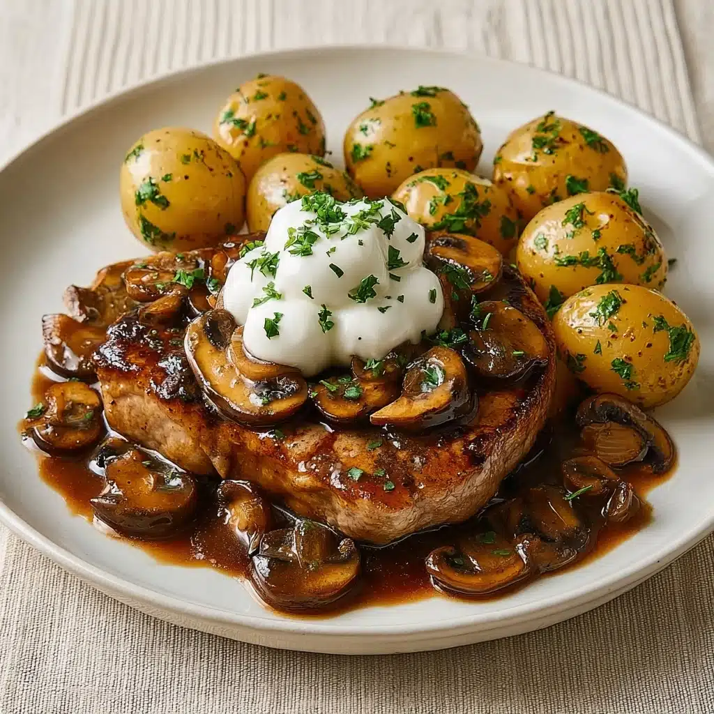 Smothered Pork Chops with Mushrooms and Herb Potatoes Recipe - Recipe Image