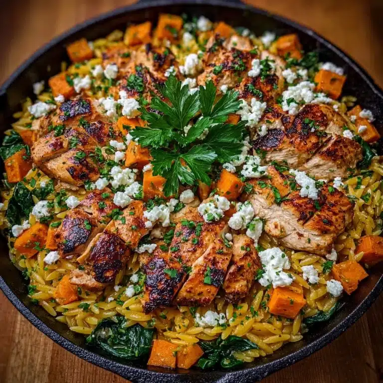 Creamy Feta Chicken Orzo with Roasted Sweet Potatoes Recipe