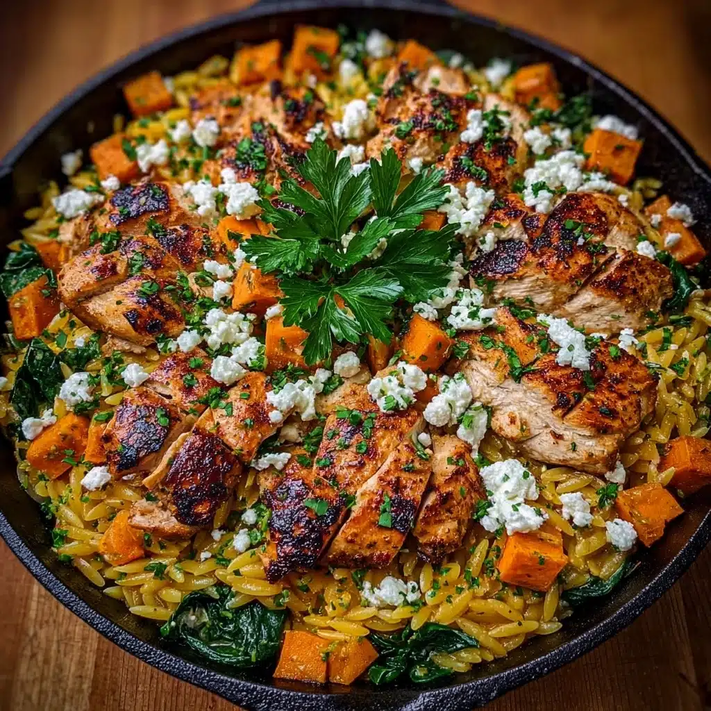 Creamy Feta Chicken Orzo with Roasted Sweet Potatoes Recipe - Recipe Image