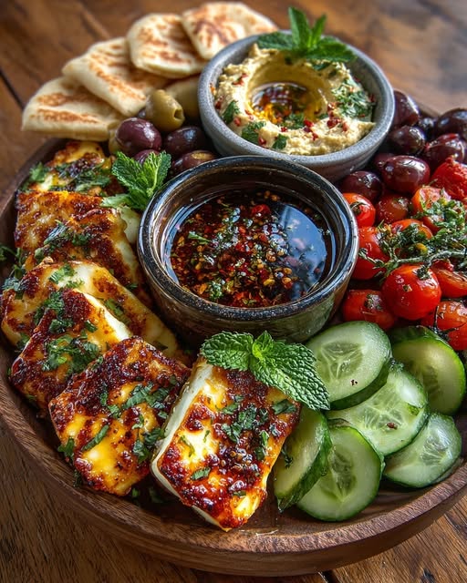 Greek Halloumi Mezze Platter with Hot Honey Drizzle Recipe