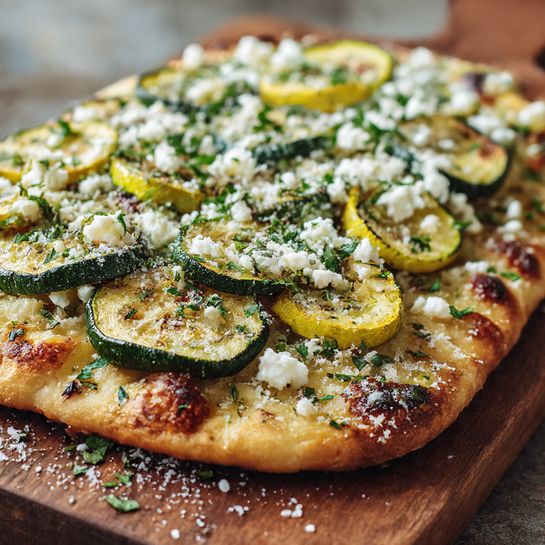 Flatbread with Feta, Zucchini & Lemon-Garlic Yogurt Recipe