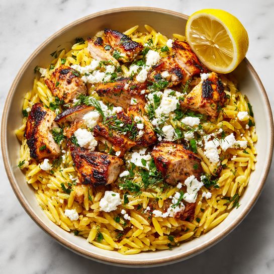 Greek Lemon Chicken Orzo with Feta Crumble Recipe