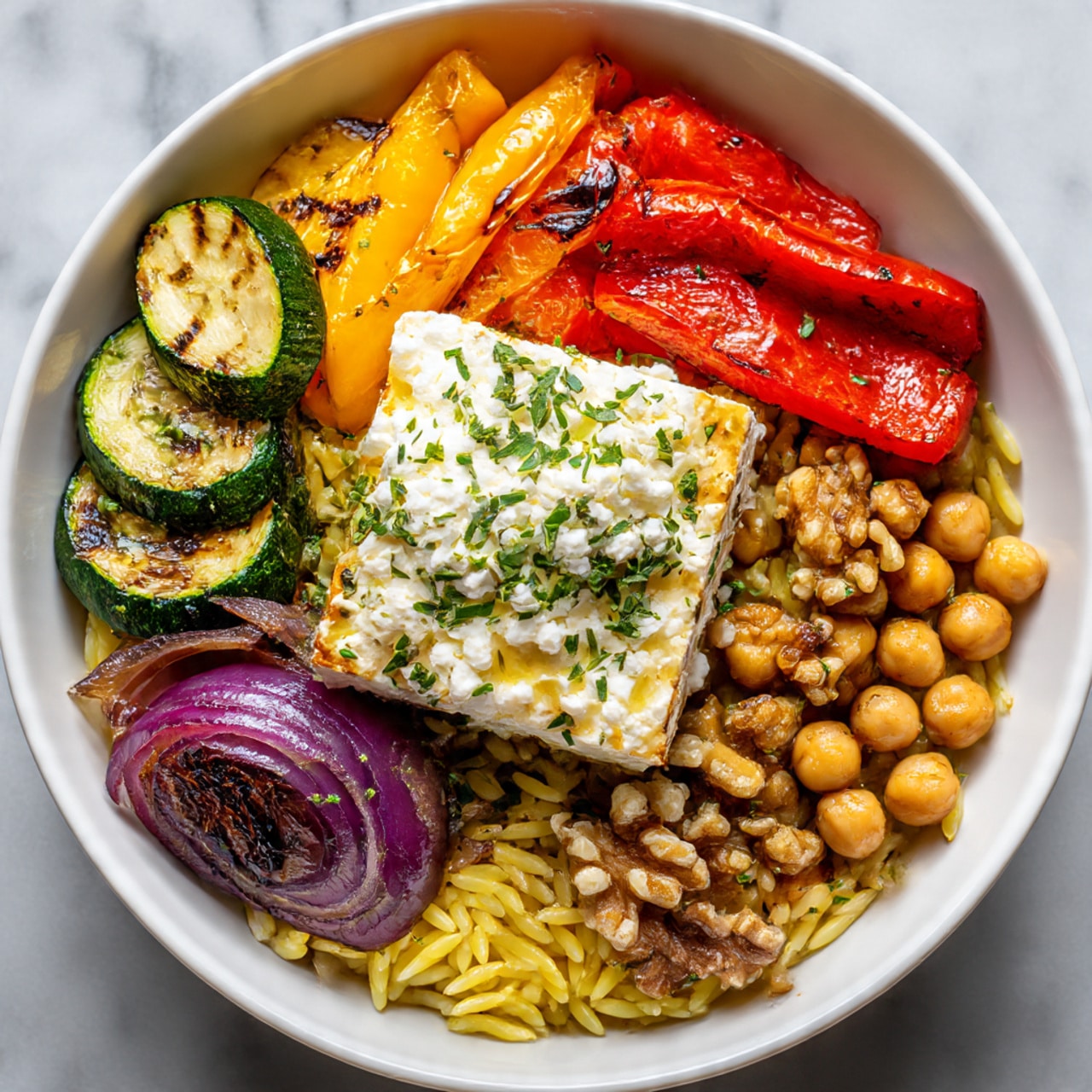 Chickpea & Orzo Bowl with Feta, Roasted Veggies & Walnuts Recipe - Recipe Image