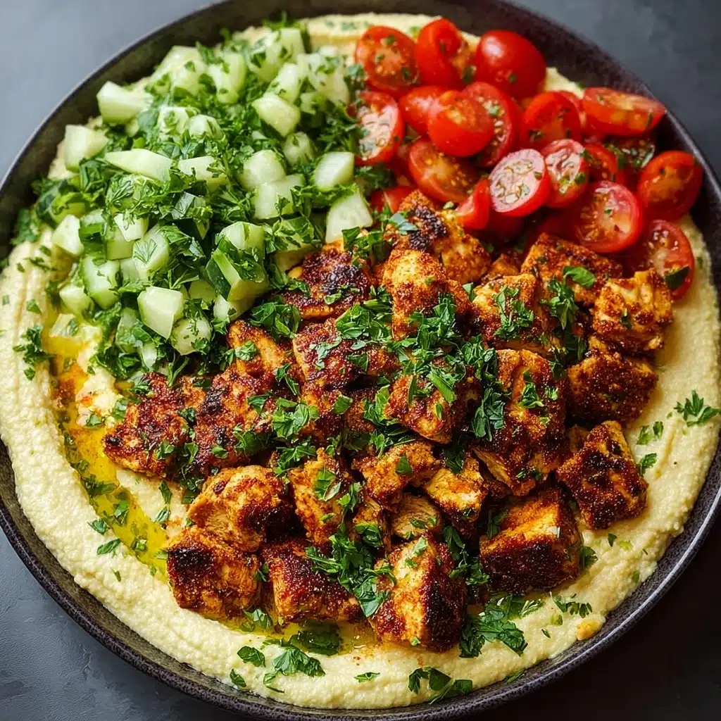 Spicy Garlic Chicken Bowl with Hummus & Cucumber Salad Recipe - Recipe Image