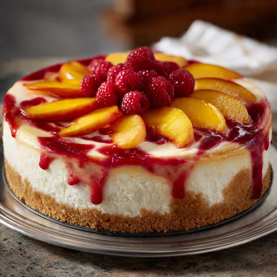 Creamy Peach Raspberry Cheesecake Recipe - Recipe Image
