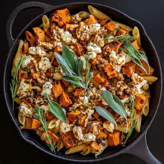 Roasted Sweet Potatoes, Goat Cheese & Sage Creamy Pasta Recipe - Recipe Image