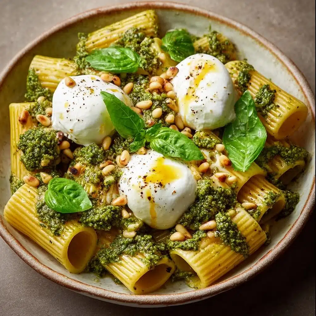 Lemon Pesto Rigatoni with Burrata & Roasted Pine Nuts Recipe