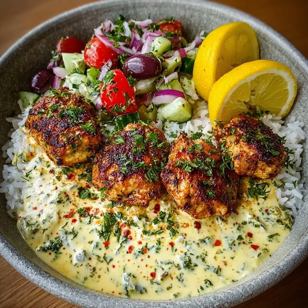 Greek Chicken Souvlaki Bowls with Lemon Feta Sauce Recipe - Recipe Image