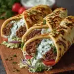 Greek Beef Wraps with Roasted Garlic Feta Sauce Recipe