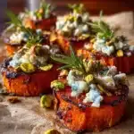Sweet Potato Rounds with Blue Cheese, Fig Jam & Pistachios Recipe