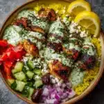 Greek Chicken Souvlaki Bowls with Herb Feta Sauce Recipe