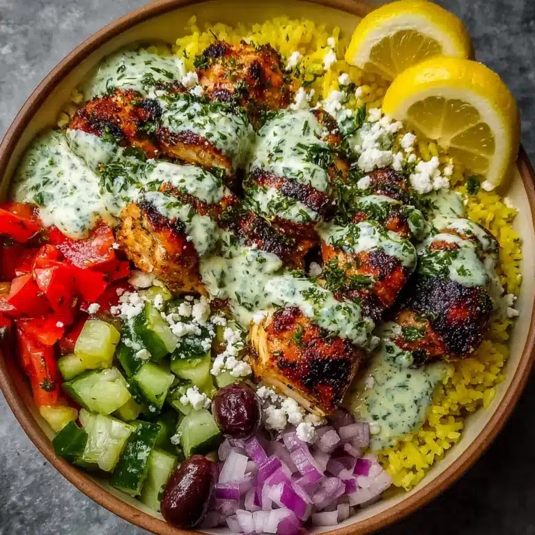 Greek Chicken Souvlaki Bowls with Herb Feta Sauce Recipe