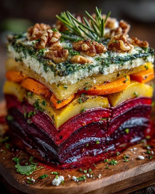 Layered Beet, Potato & Carrot Gratin with Feta & Walnuts Recipe - Recipe Image