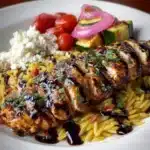 Balsamic Chicken Orzo with Roasted Veggies & Spicy Feta Recipe
