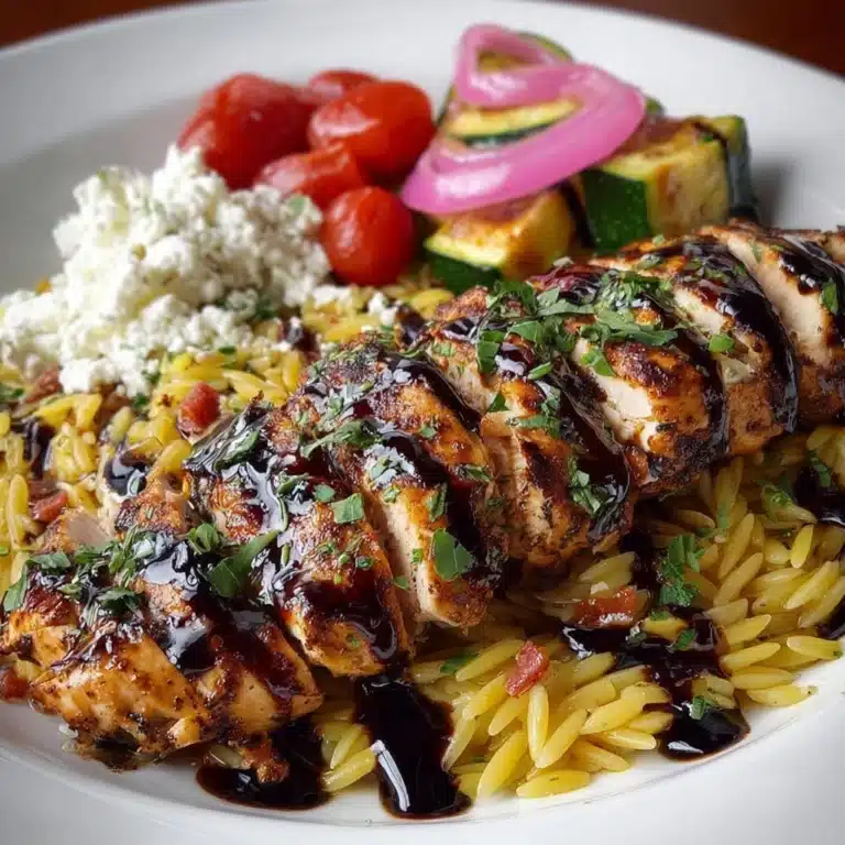 Balsamic Chicken Orzo with Roasted Veggies & Spicy Feta Recipe