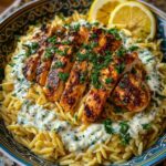 Lemon Dijon Chicken Orzo Bowl with Spicy Feta Yogurt Sauce Recipe