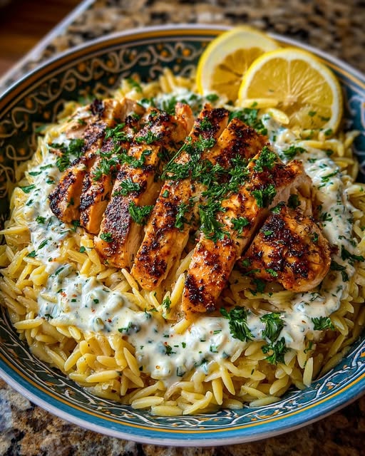 Lemon Dijon Chicken Orzo Bowl with Spicy Feta Yogurt Sauce Recipe - Recipe Image