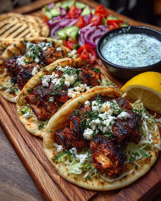Greek Chicken Gyros with Charred Onion Feta Sauce Recipe - Recipe Image