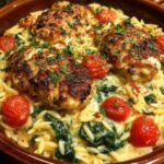 In a large baking dish, add dry orzo, chicken broth, cherry tomatoes, spinach, garlic, olive oil, Italian seasoning, paprika, salt, and pepper Recipe