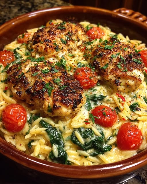 In a large baking dish, add dry orzo, chicken broth, cherry tomatoes, spinach, garlic, olive oil, Italian seasoning, paprika, salt, and pepper Recipe - Recipe Image