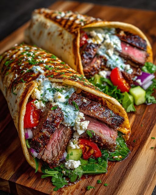 Greek Beef Wraps with Roasted Garlic Feta Sauce Recipe