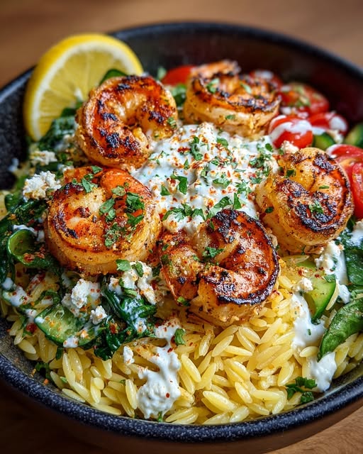 Lemon Dijon Shrimp Orzo Bowl with Lemon Feta Yogurt Sauce Recipe - Recipe Image