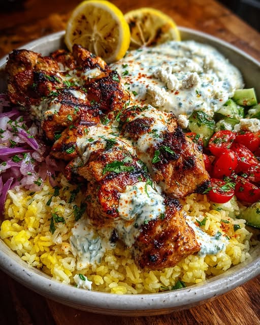 Greek Chicken Souvlaki Bowls with Spicy Lemon Feta Sauce Recipe - Recipe Image