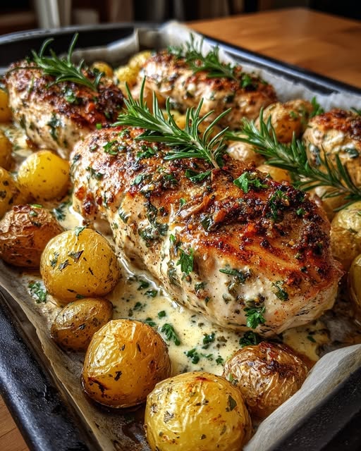 Creamy Herb Chicken & Roasted Garlic Potatoes Recipe
