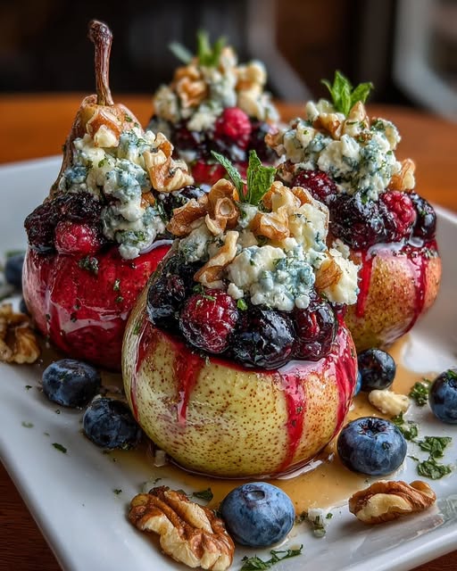 Baked Pears with Berries, Honey, Walnuts & Blue Cheese Recipe