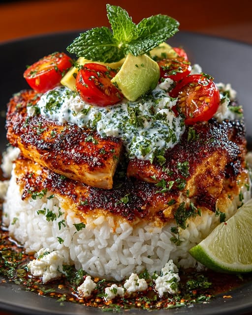 Honey Lime Chicken Rice Stack with Minted Feta Yogurt Recipe