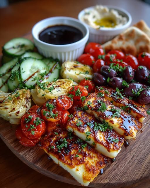 Greek Halloumi Mezze Platter with Balsamic Drizzle Recipe - Recipe Image