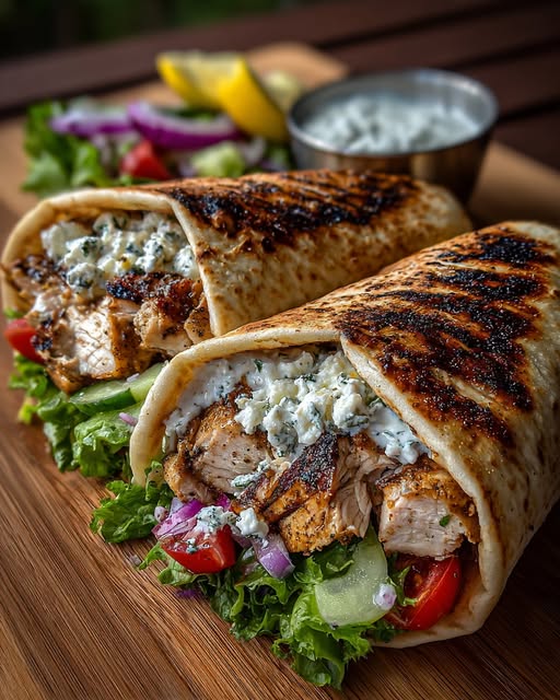 Greek Chicken Wraps with Roasted Garlic Feta Sauce Recipe