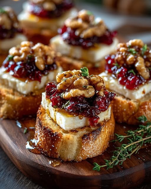 Warm Brie & Cranberry Walnut Crostini with Hot Honey Recipe