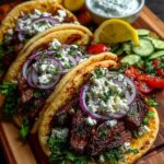 Greek Steak Gyros with Charred Onion Feta Sauce Recipe