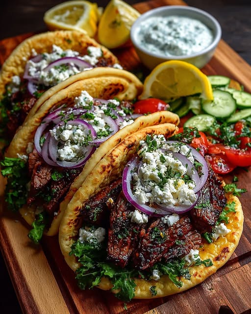 Greek Steak Gyros with Charred Onion Feta Sauce Recipe - Recipe Image