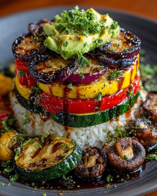 Honey Lime Grilled Veggie & Avocado Rice Stack Recipe - Recipe Image