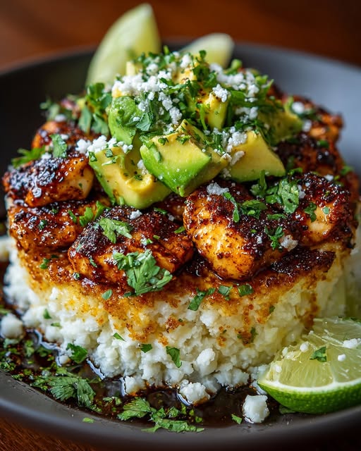 Honey Lime Chicken & Avocado Coconut Cauliflower Rice Stack Recipe