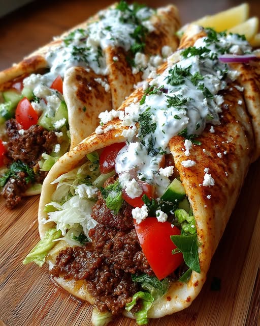 Greek Beef Wraps with Creamy Feta Sauce Recipe - Recipe Image