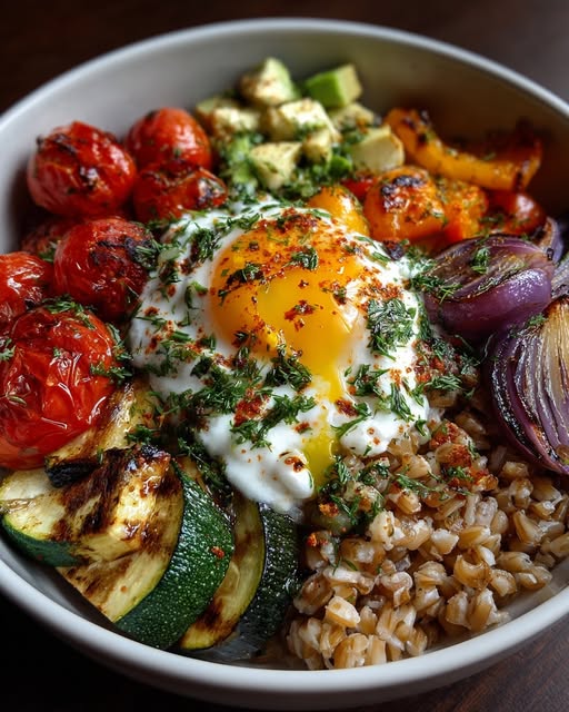 Warm Farro Bowl with Lemon Yogurt Drizzle Recipe - Recipe Image