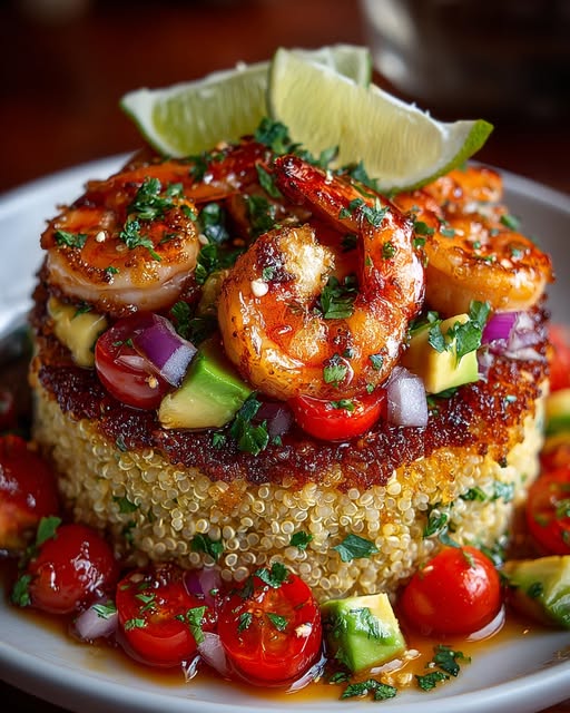 Honey Lime Shrimp & Avocado Quinoa Stack Recipe - Recipe Image